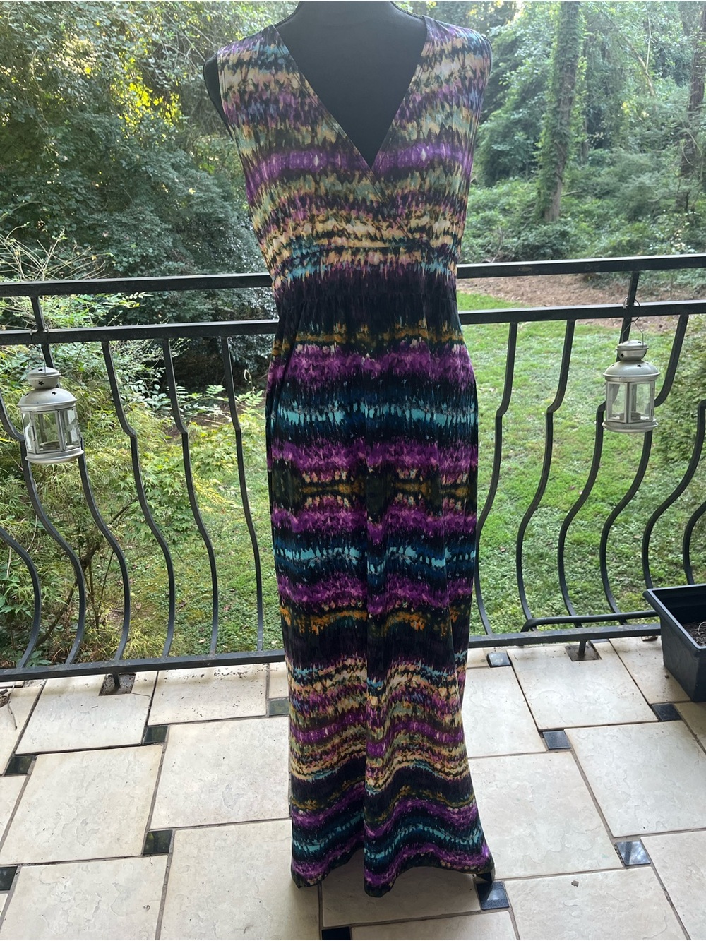 NY Collection V-Neck Maxi Dress in Purple, Teal & Black
